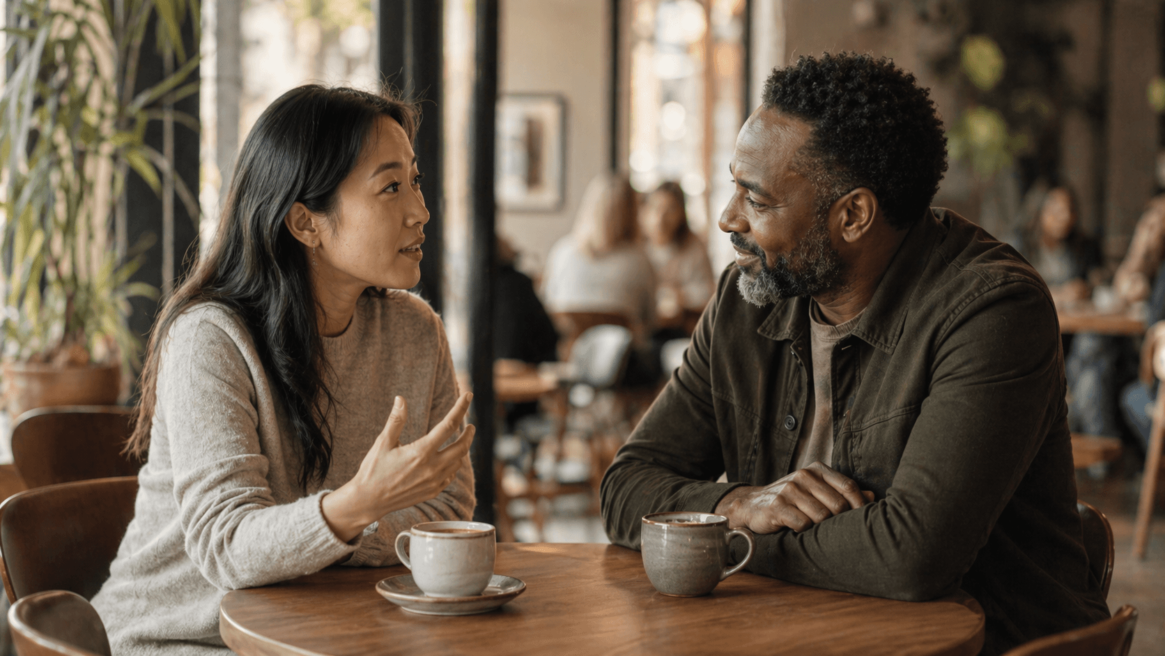 Two professionals having a warm networking conversation